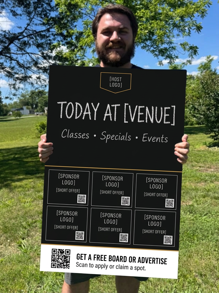 Community announcement board with chalk lettering and six local business sponsor tiles